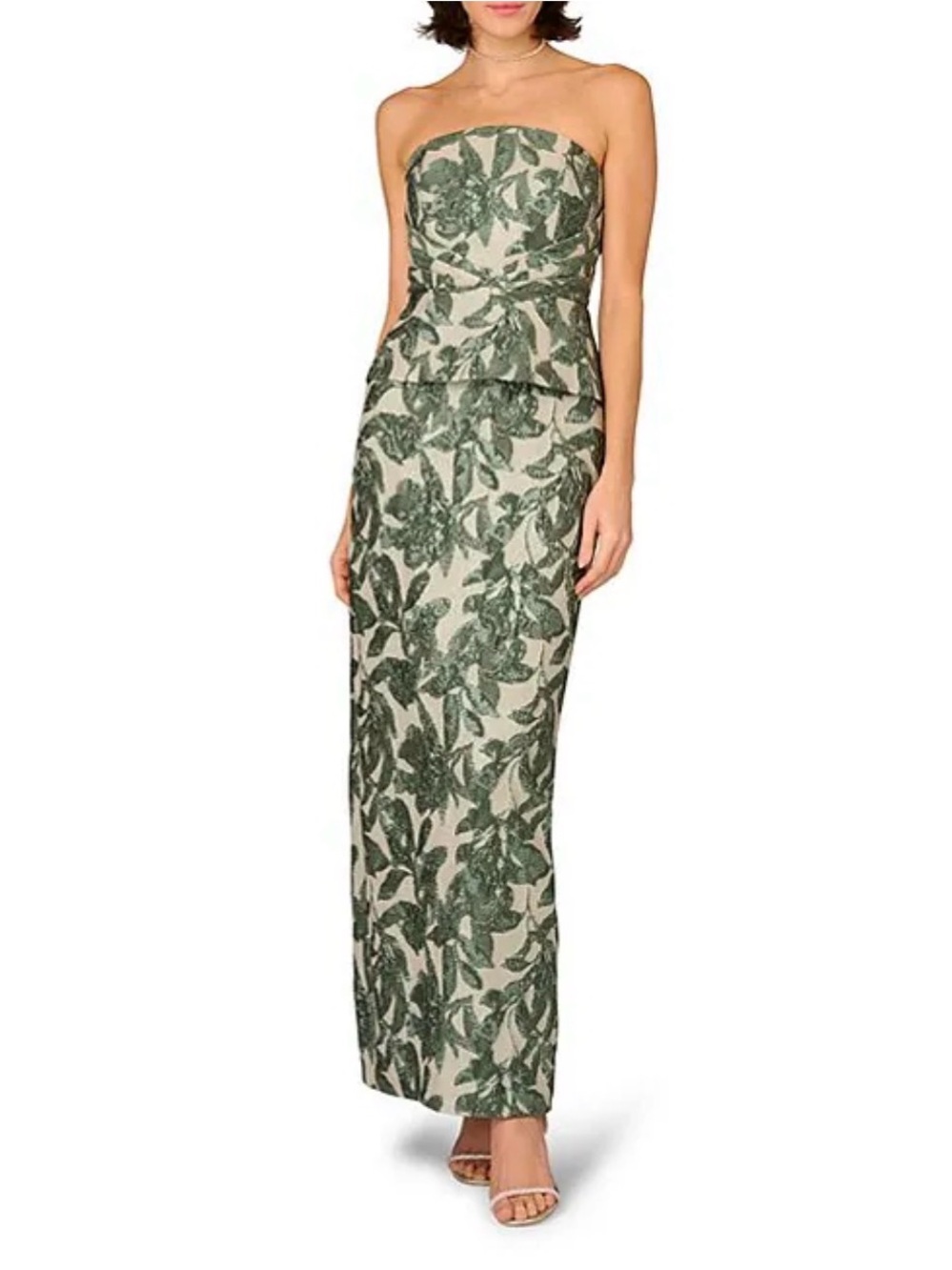 Aidan Mattox Green Floral Jacquard Strapless Maxi Dress | 4